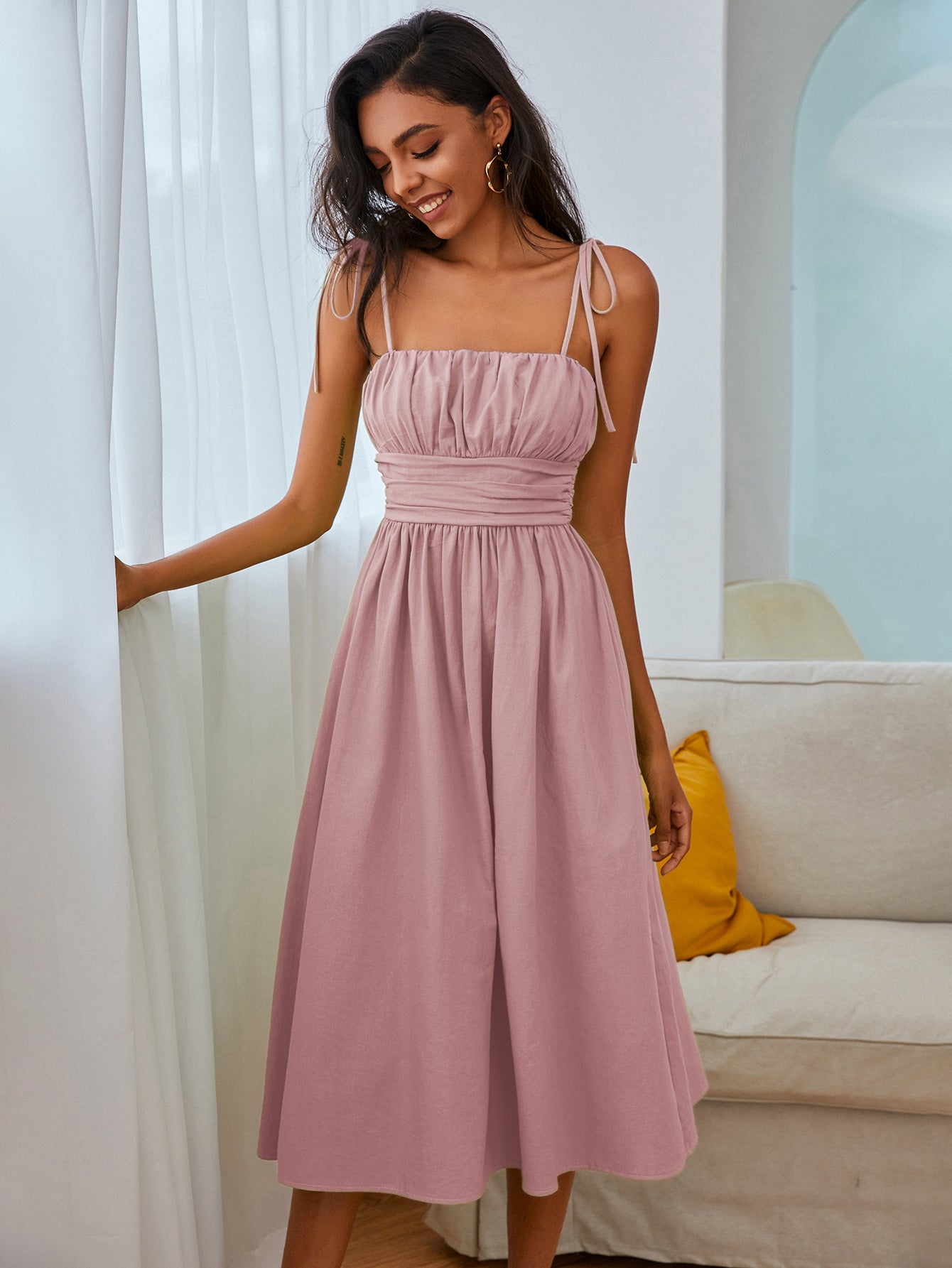 Knot Straps Ruched Bust Cami Dress