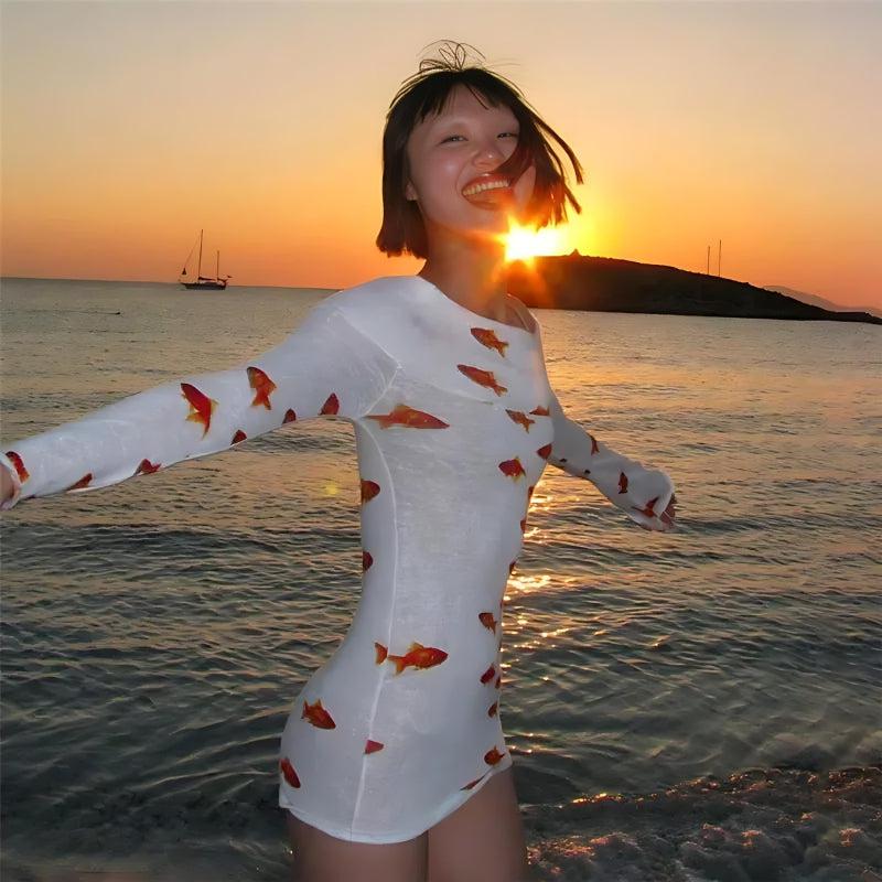 Fish Print Off Shoulder Long Sleeve Sheer Knit Bodycon Mini Dress 3