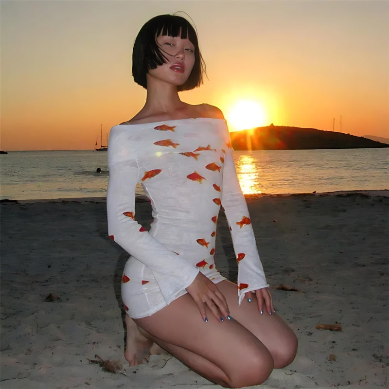 Fish Print Off Shoulder Long Sleeve Sheer Knit Bodycon Mini Dress 4
