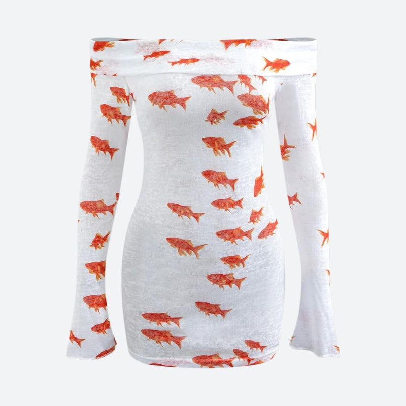 Fish Print Off Shoulder Long Sleeve Sheer Knit Bodycon Mini Dress 5