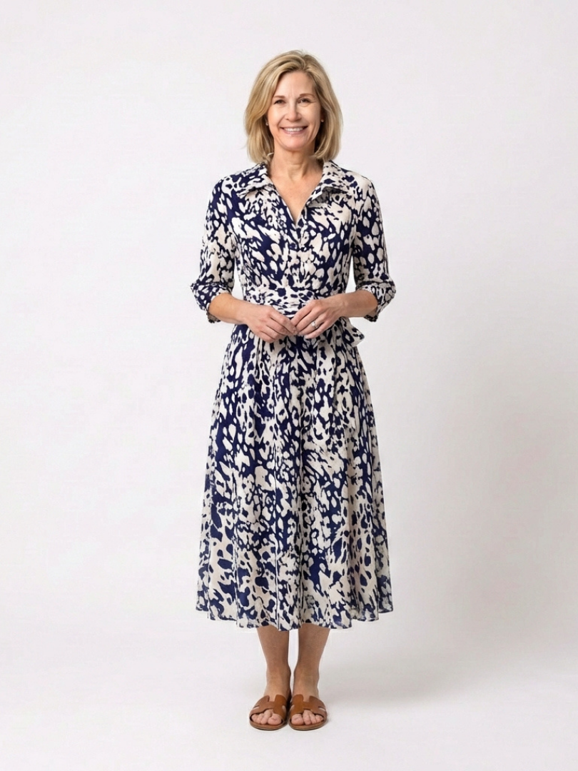 Animal Print Collared Three Quarter Sleeve Waist Tie Midi Dress