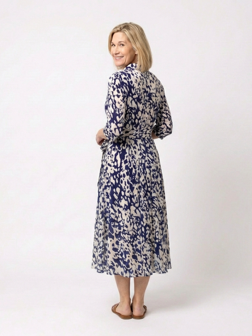 Animal Print Collared Three Quarter Sleeve Waist Tie Midi Dress