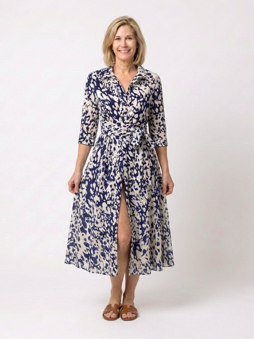 Animal Print Collared Three Quarter Sleeve Waist Tie Midi Dress