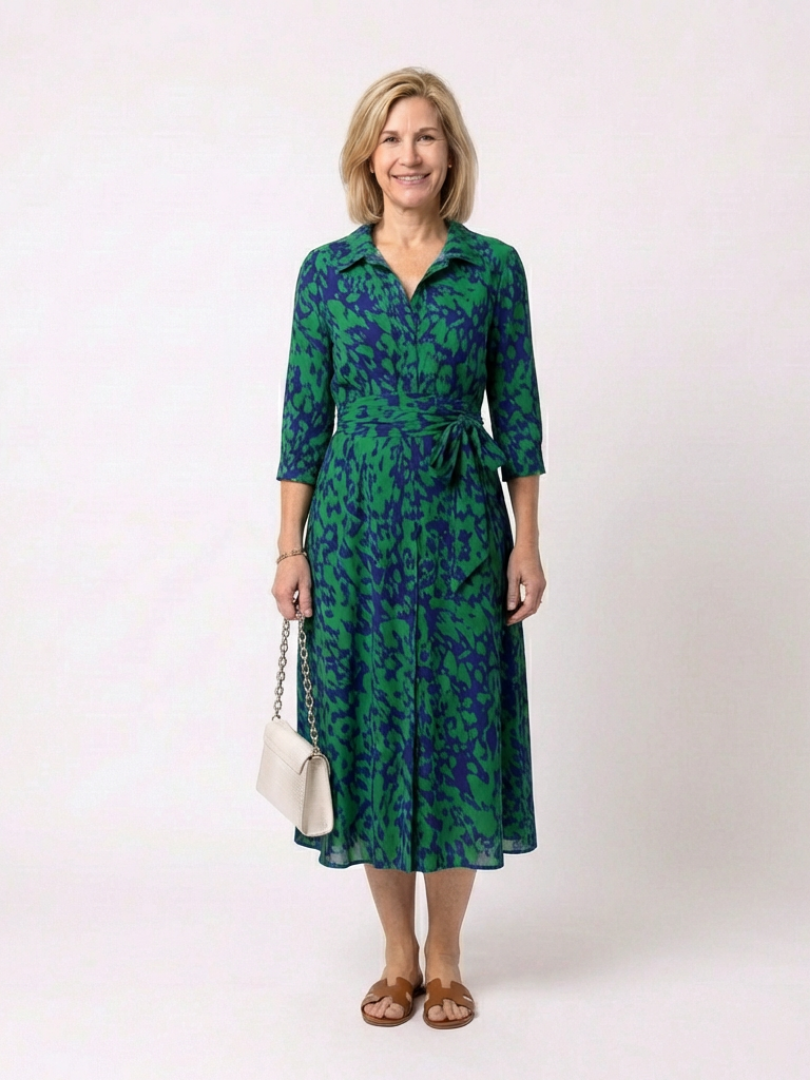 Animal Print Collared Three Quarter Sleeve Waist Tie Midi Dress