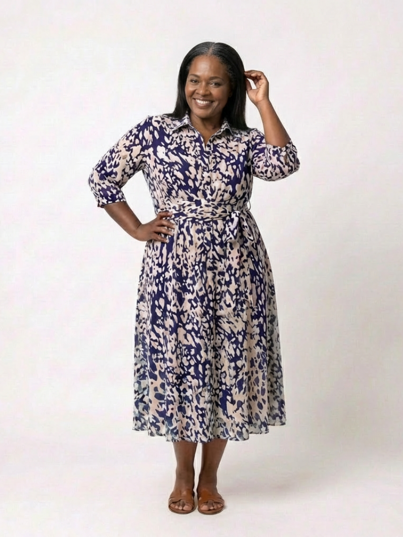 Animal Print Collared Three Quarter Sleeve Waist Tie Midi Dress