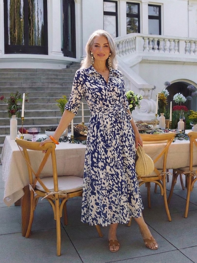 Animal Print Collared Three Quarter Sleeve Waist Tie Midi Dress