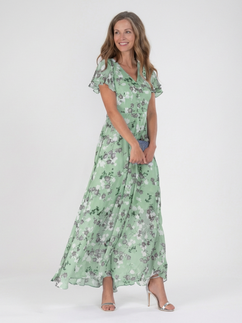 Floral Print V-Neck Flutter Sleeve Chiffon Maxi Dress