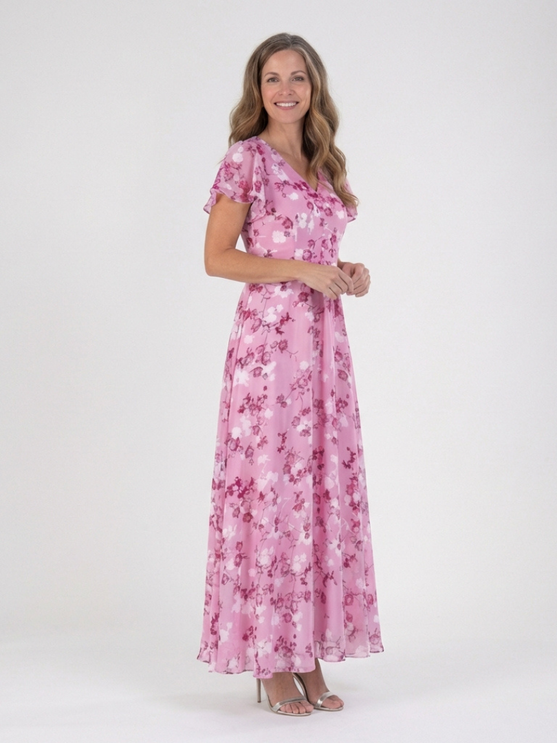 Floral Print V-Neck Flutter Sleeve Chiffon Maxi Dress