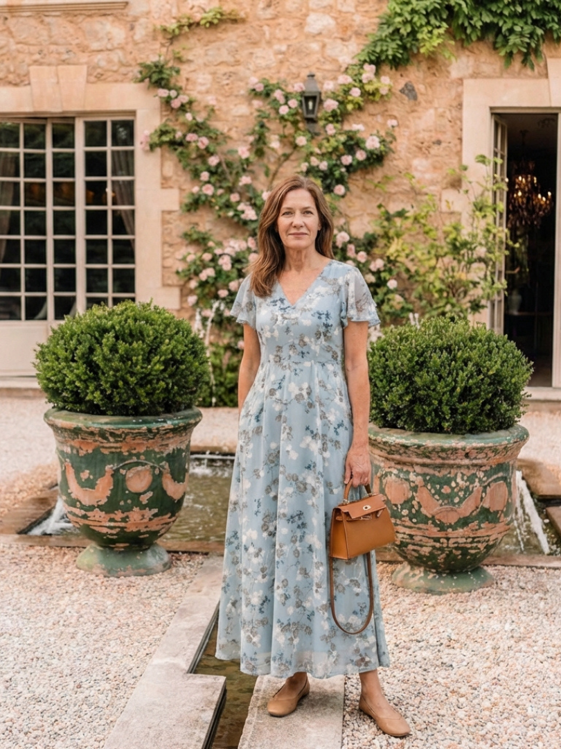 Floral Chiffon V-Neck Flutter Sleeve Maxi Dress