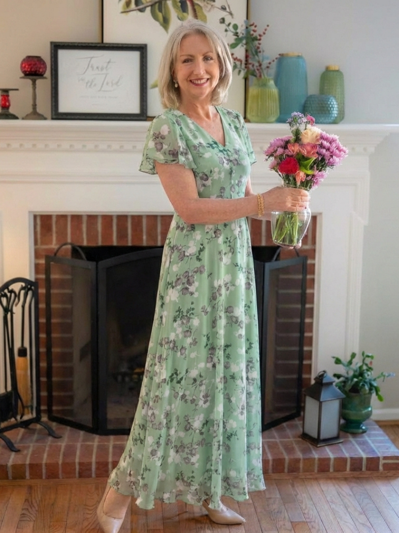 Floral Print V-Neck Flutter Sleeve Chiffon Maxi Dress