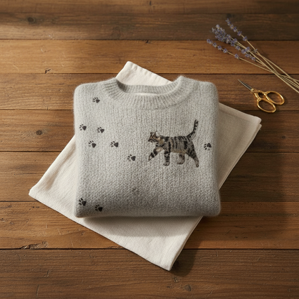 Crew Neck Cat and Paw Embroidered Knit Sweater