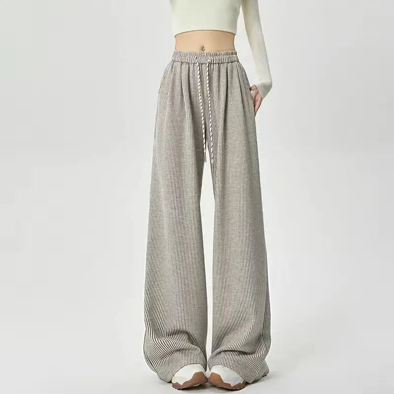Pinstripe Ribbed Knit Drawstring High Waist Wide Leg Pants