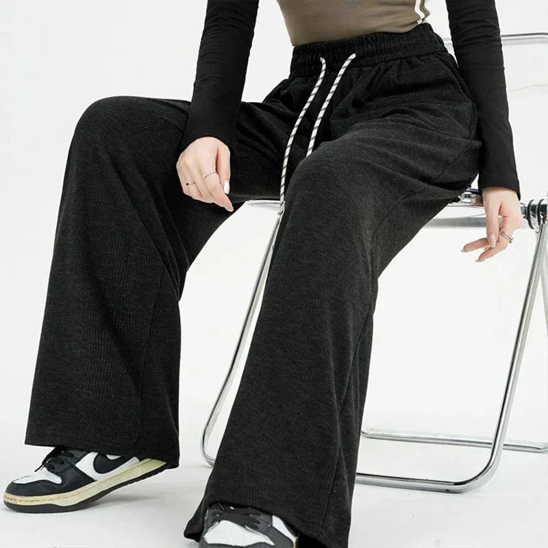 Pinstripe Ribbed Knit Drawstring High Waist Wide Leg Pants 4