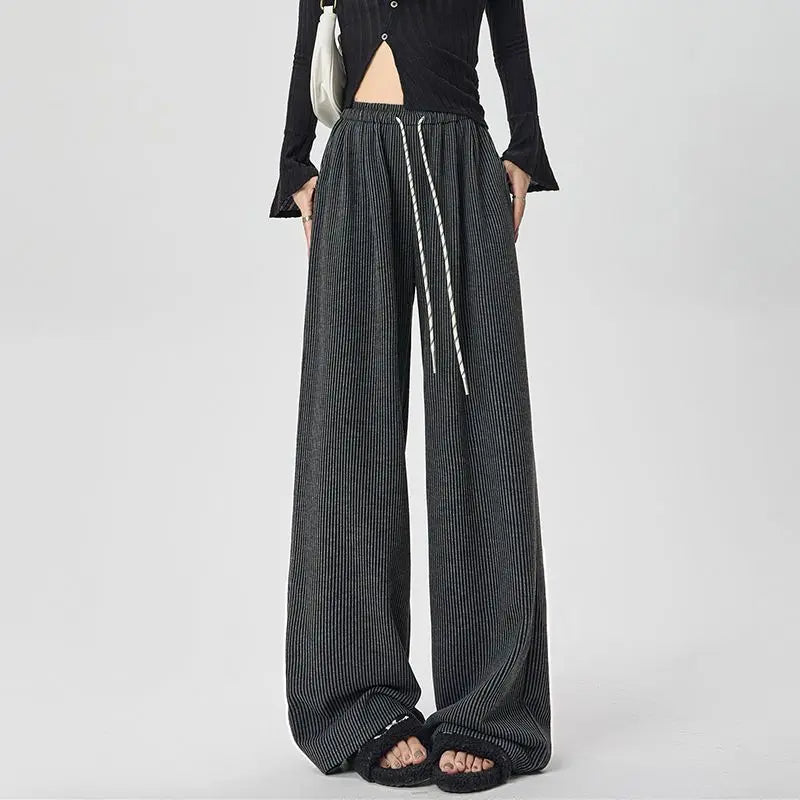 Pinstripe Ribbed Knit Drawstring High Waist Wide Leg Pants 2
