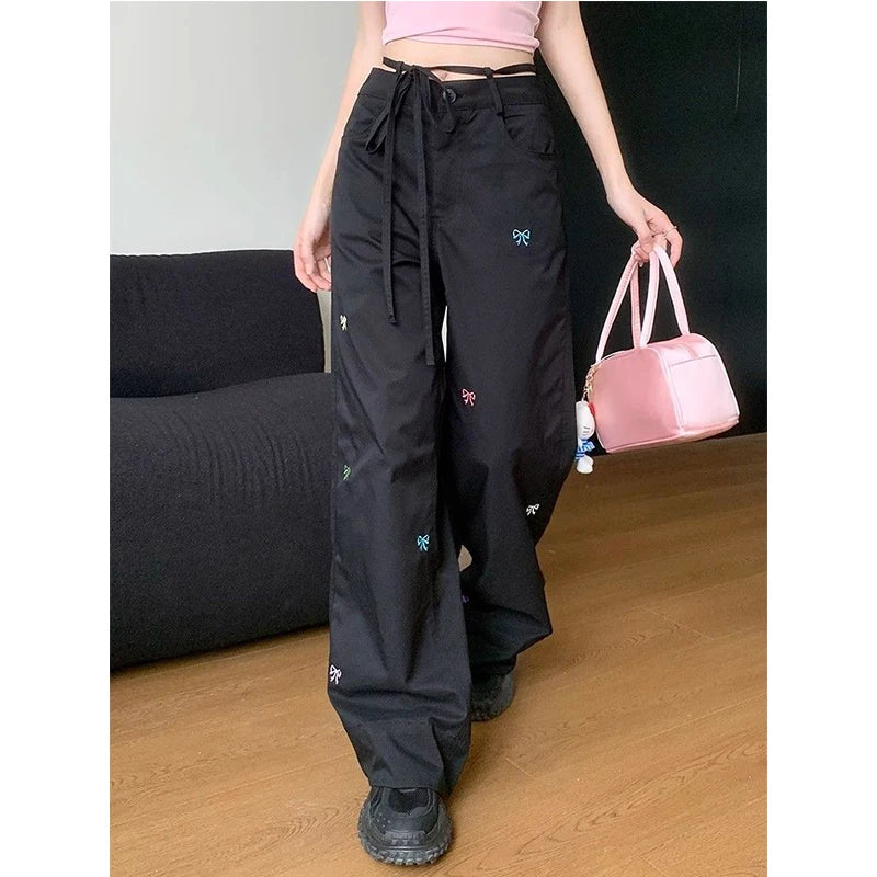 Bow Embroidered Tie Waist Strap Baggy Wide Leg Pants
