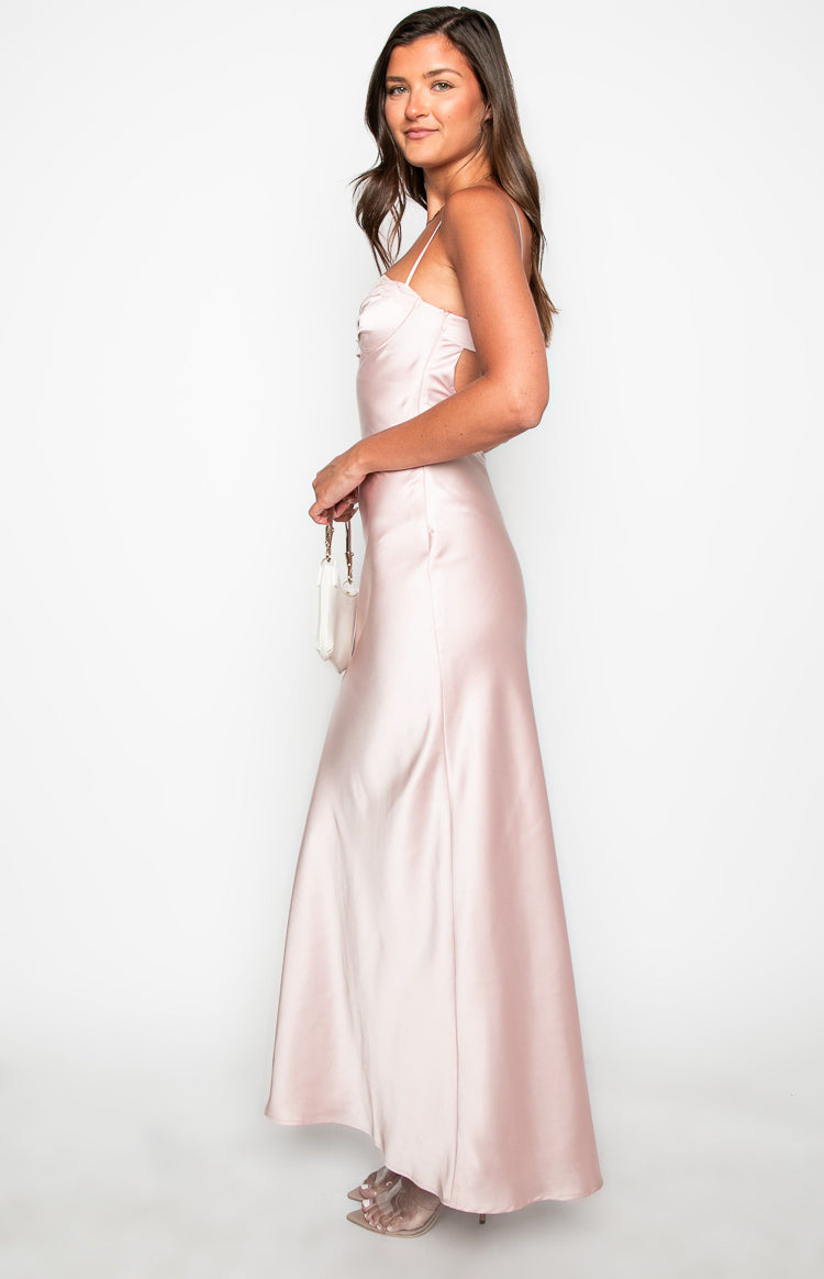Satin Lace Trim Cupped Bust Spaghetti Strap Slip Maxi Dress 4