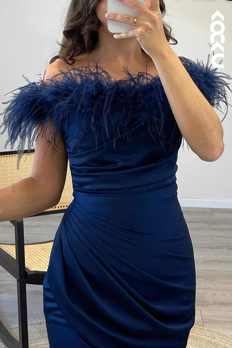 L1026 - Mermaid/Trumpet Off Shoulder Feather Satin Long Semi Formal Dress