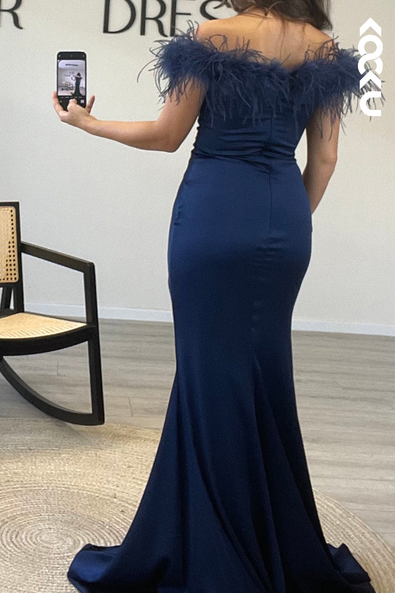 L1026 - Mermaid/Trumpet Off Shoulder Feather Satin Long Semi Formal Dress