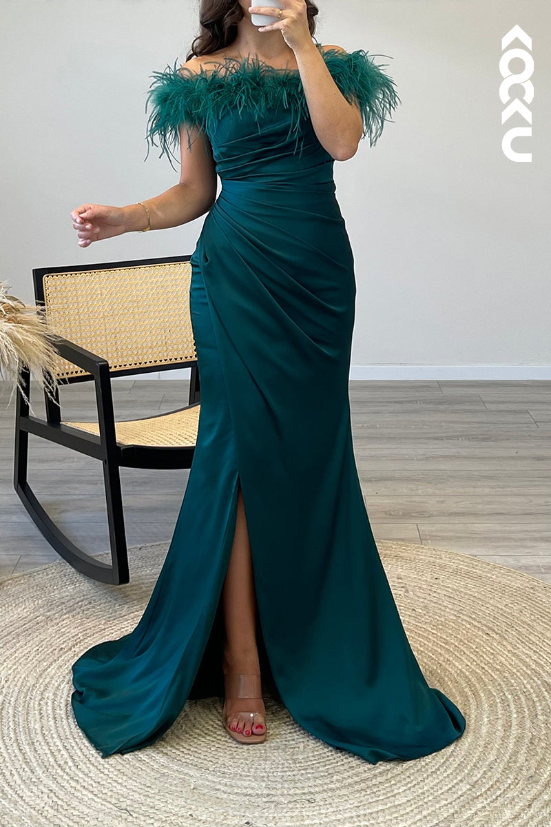 L1026 - Mermaid/Trumpet Off Shoulder Feather Satin Long Semi Formal Dress