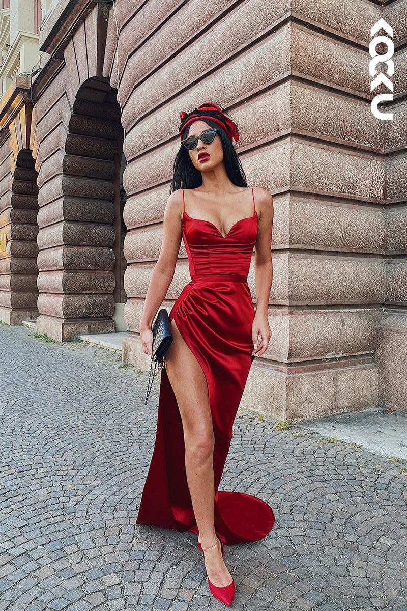 L1154 - Sheath/Column Straps Satin Pleats Sleeveless Formal Dress