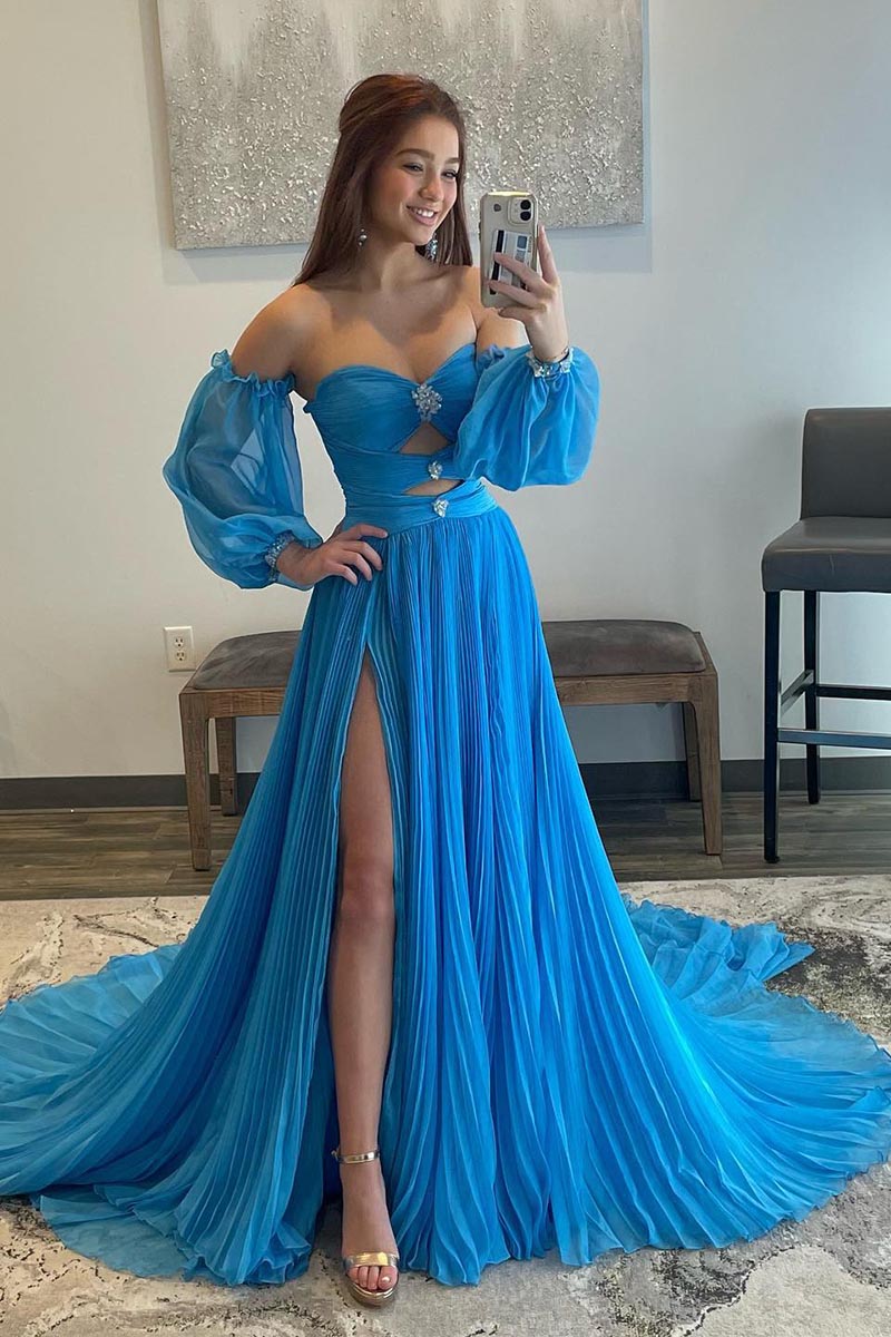 L1172 - A-Line Strapless Tulle Backless 3/4 Sleeves Formal Dress