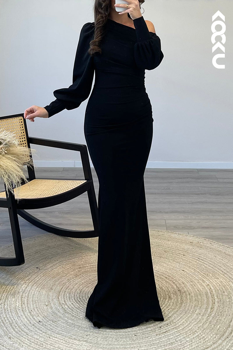 L1174 - Mermaid One Shoulder Long Sleeves Elastic Satin Formal Dress for Wedding