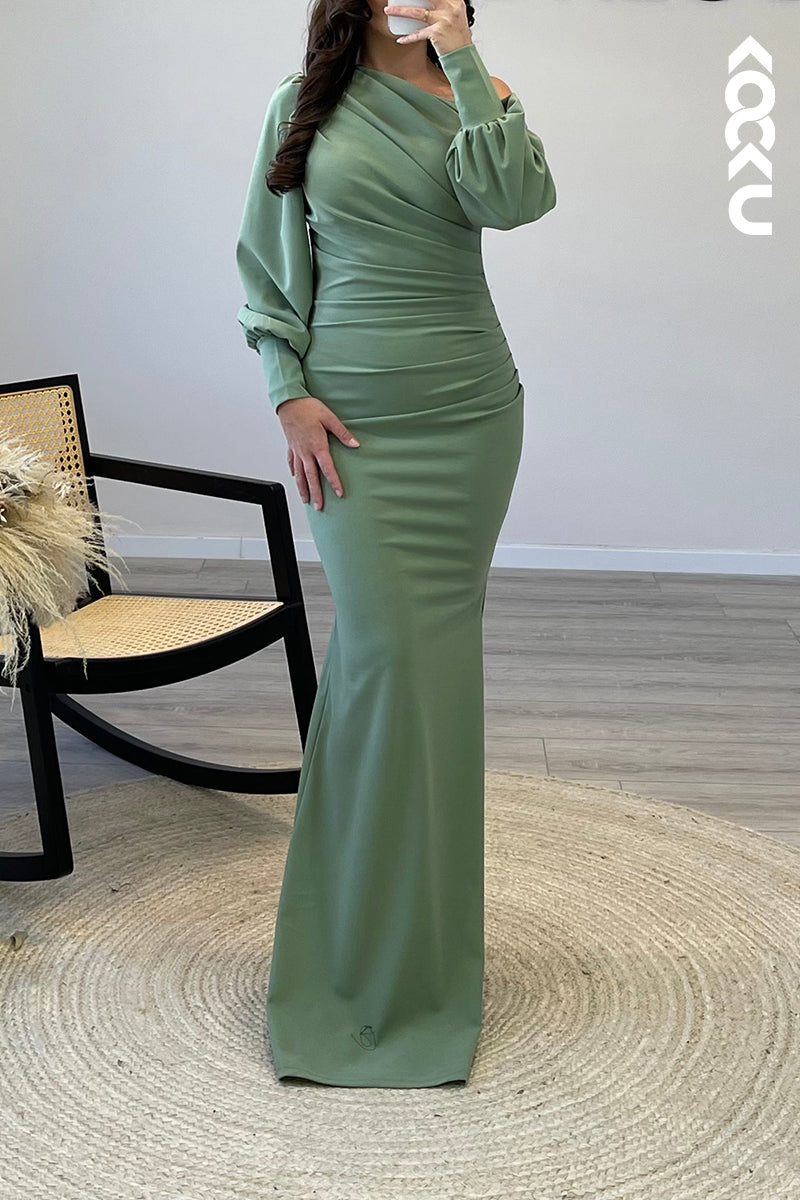 L1174 - Mermaid One Shoulder Long Sleeves Elastic Satin Formal Dress for Wedding