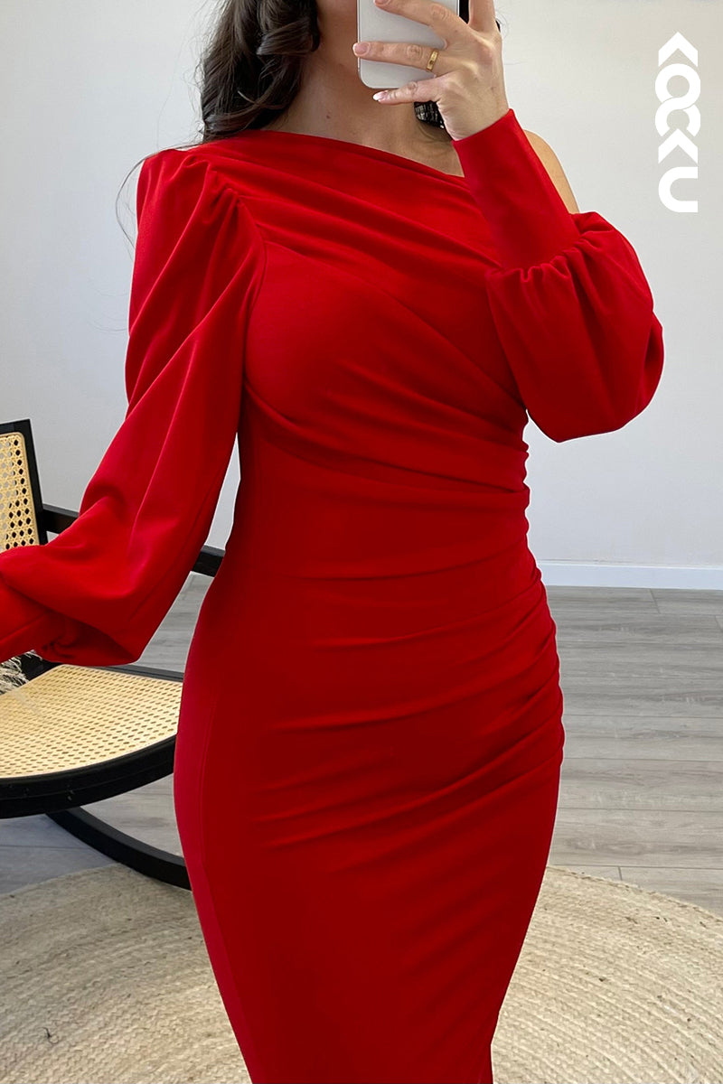 L1174 - Mermaid One Shoulder Long Sleeves Elastic Satin Formal Dress for Wedding