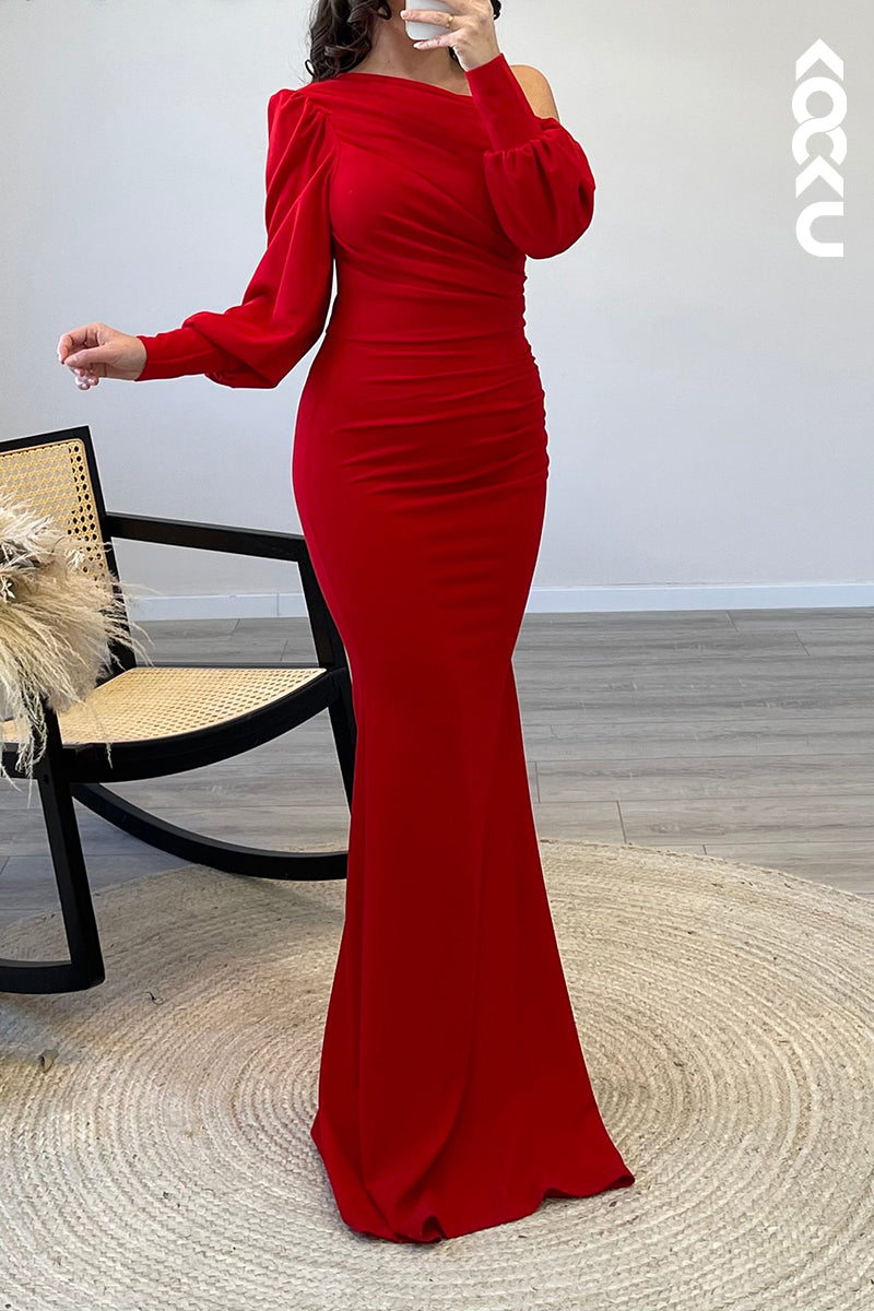 L1174 - Mermaid One Shoulder Long Sleeves Elastic Satin Formal Dress for Wedding