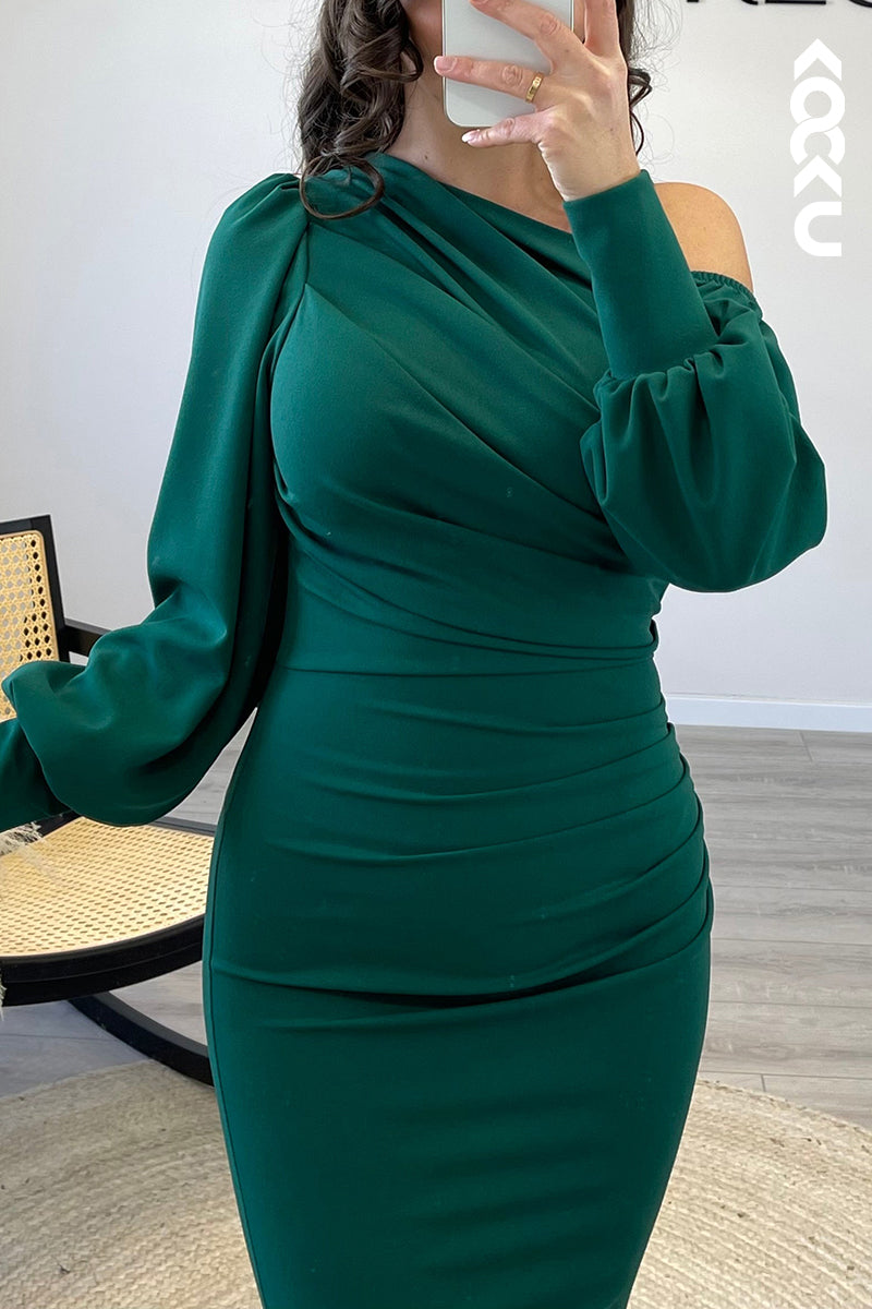 L1174 - Mermaid One Shoulder Long Sleeves Elastic Satin Formal Dress for Wedding