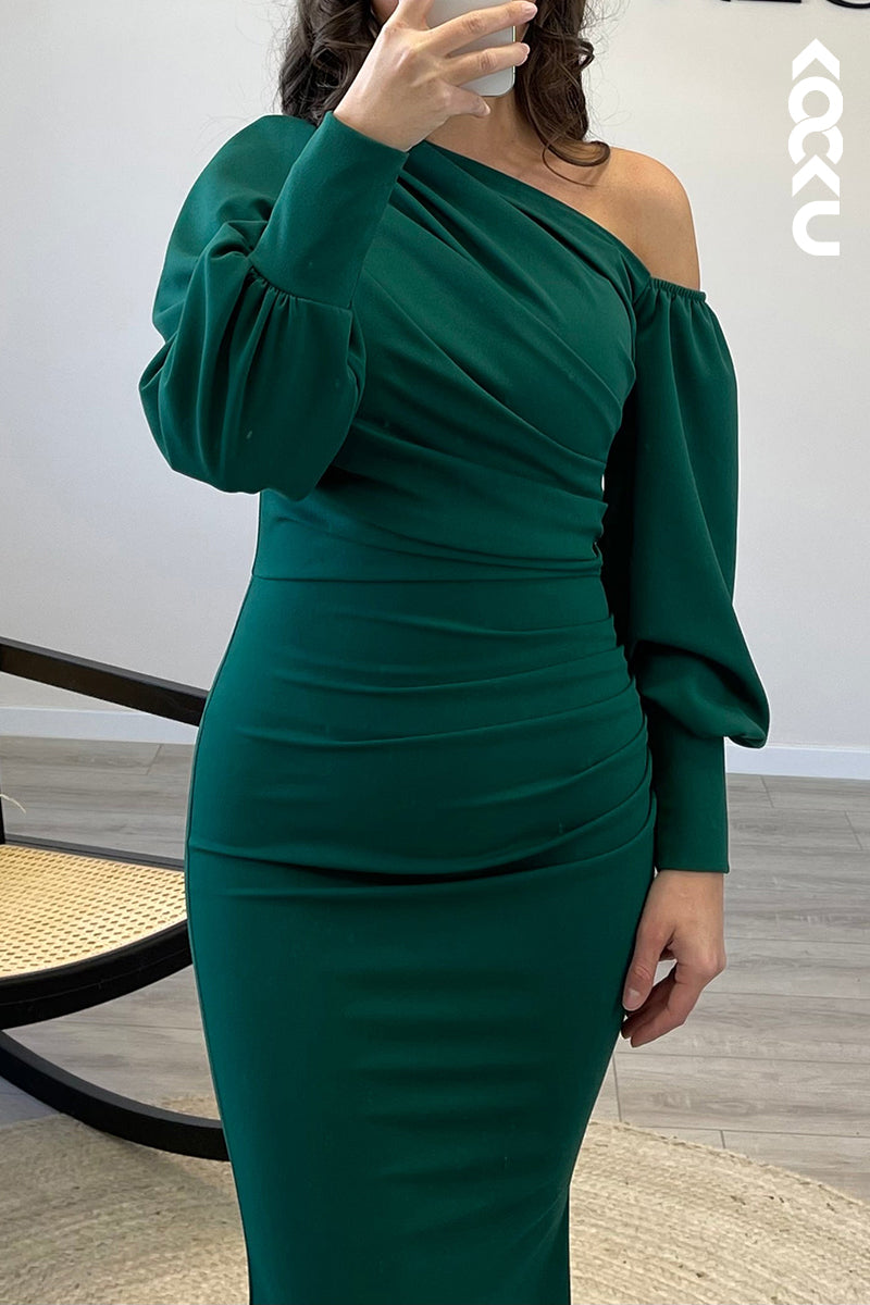 L1174 - Mermaid One Shoulder Long Sleeves Elastic Satin Formal Dress for Wedding