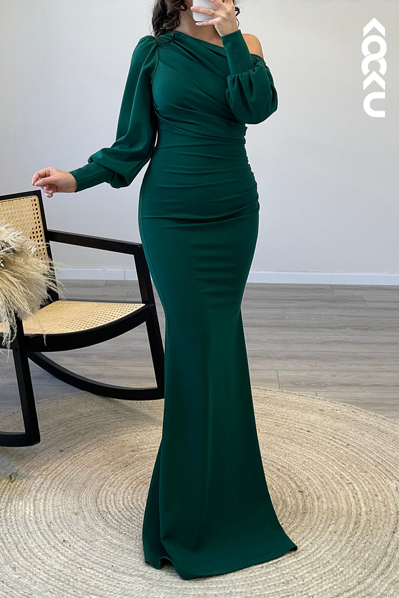L1174 - Mermaid One Shoulder Long Sleeves Elastic Satin Formal Dress for Wedding