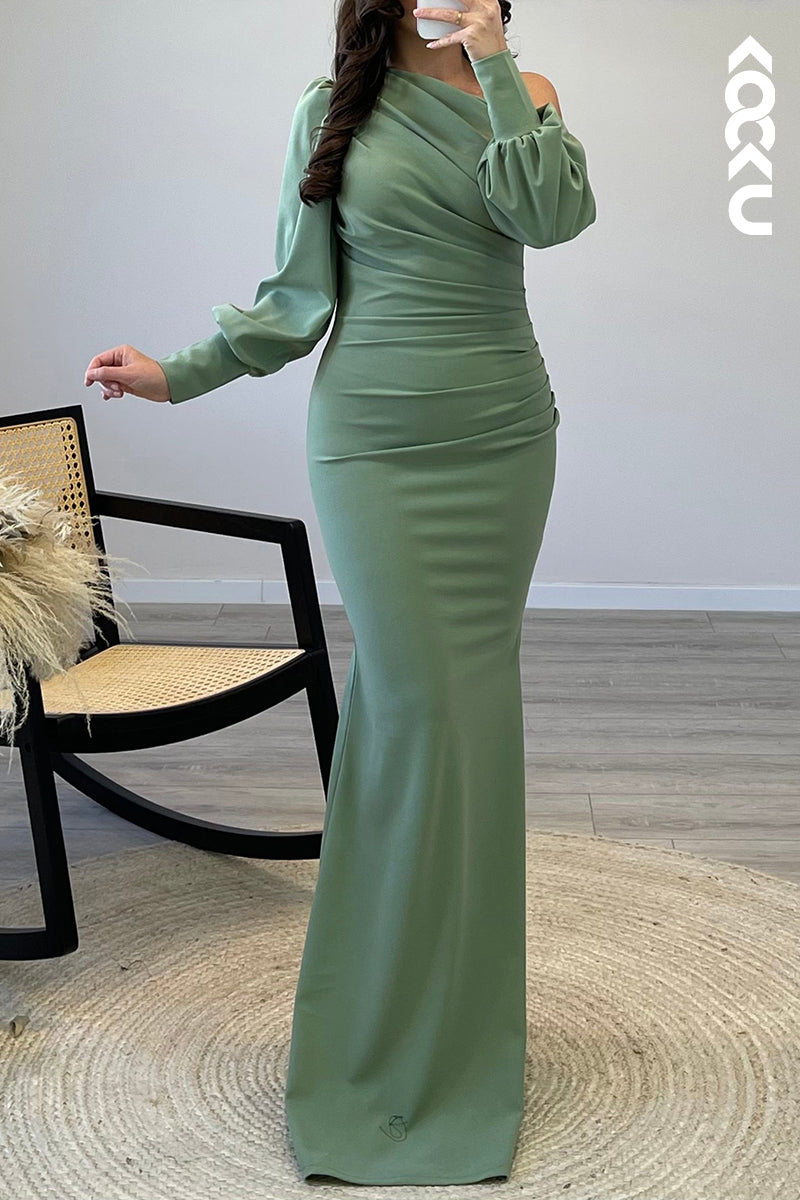 L1174 - Mermaid One Shoulder Long Sleeves Elastic Satin Formal Dress for Wedding