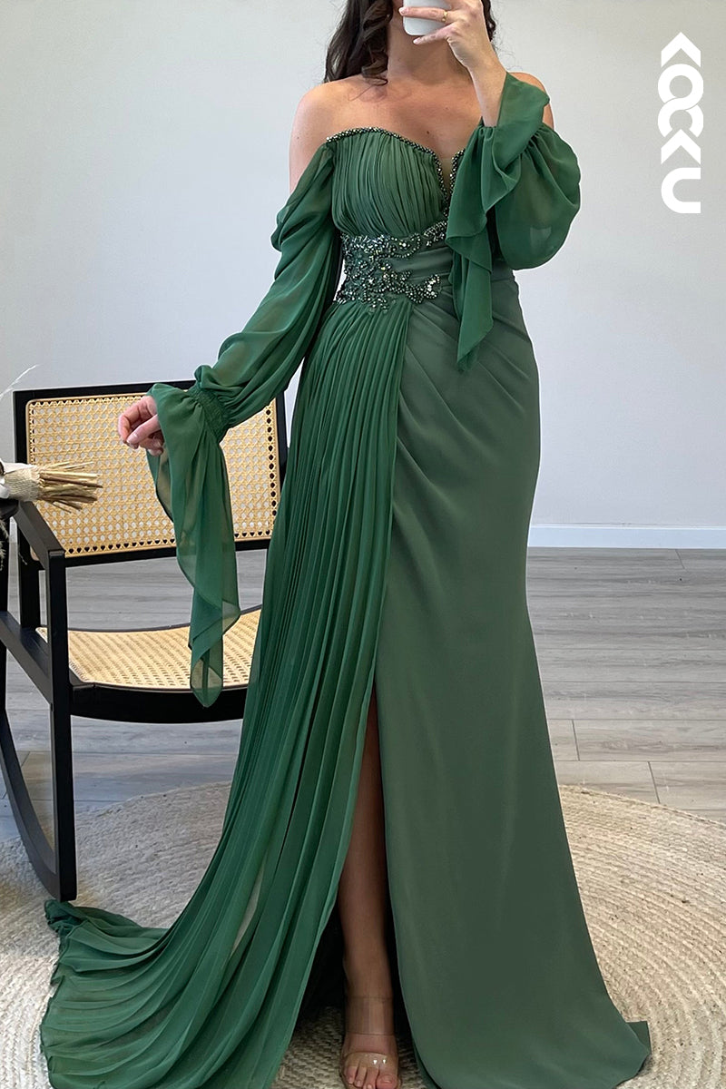 L1178 - Off Shoulder Long Sleeves Beaded Satin Mermaid Semi Formal Dress