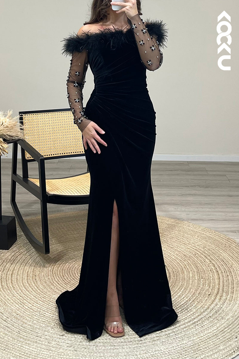 L1199 - Mermaid Off Shoulder Long Sleeves Beaded Velvet Long Semi Formal Dress