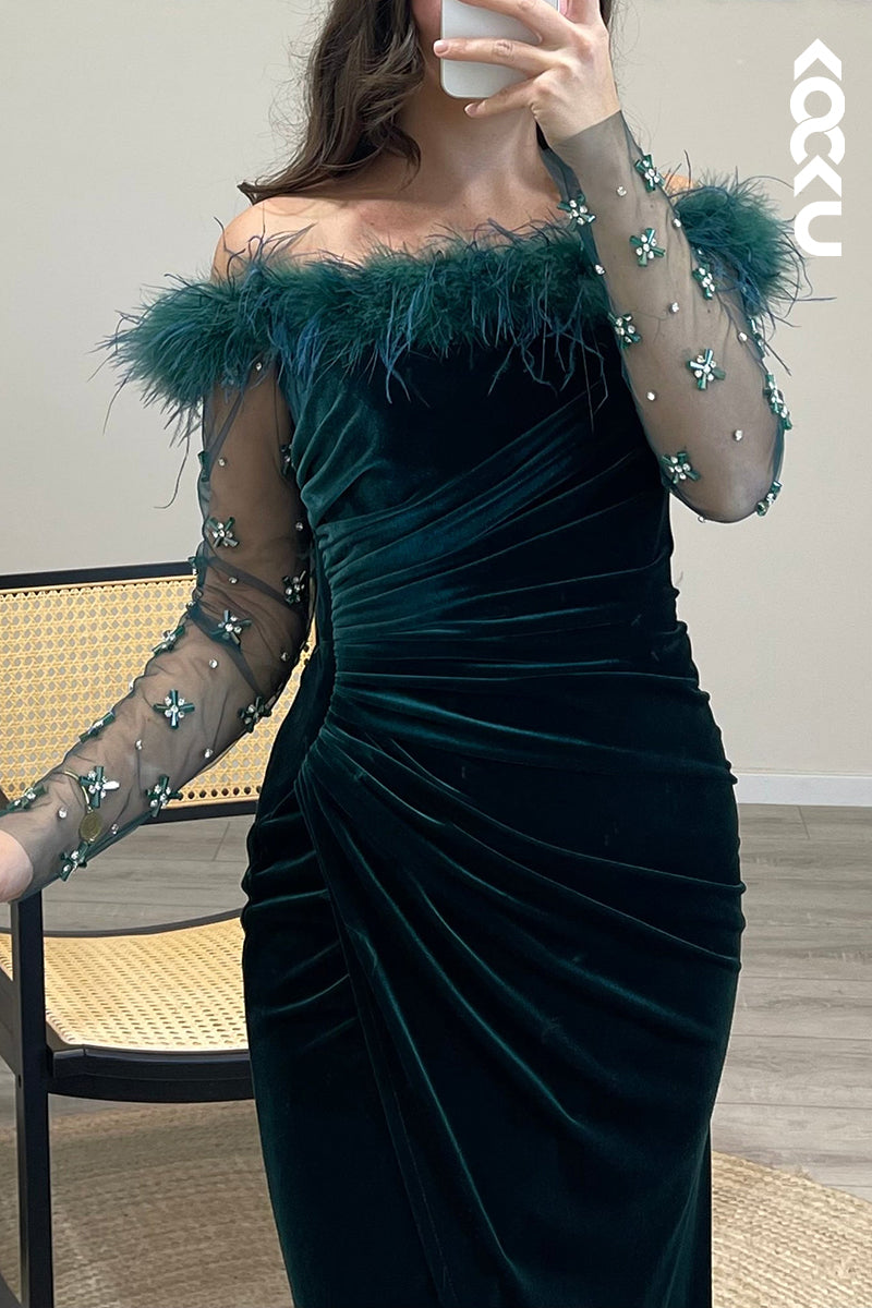 L1199 - Mermaid Off Shoulder Long Sleeves Beaded Velvet Long Semi Formal Dress