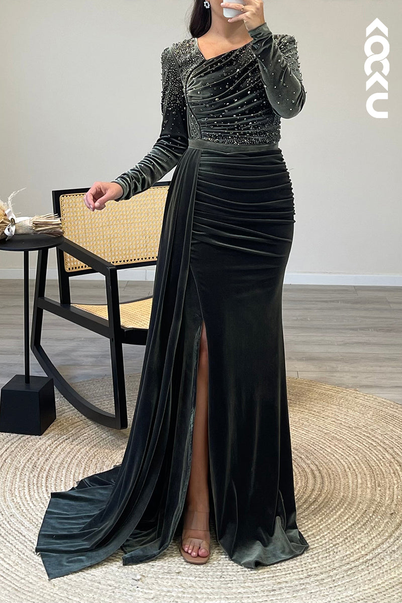 L1200 - V Neck Long Sleeves Beaded Velvet Pleated Mermaid Formal Dress for Wedding