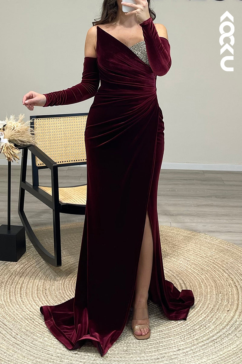 L1203 - Asymmetrical Strapless Beaded Velvet Mermaid Long Formal Evening Dress