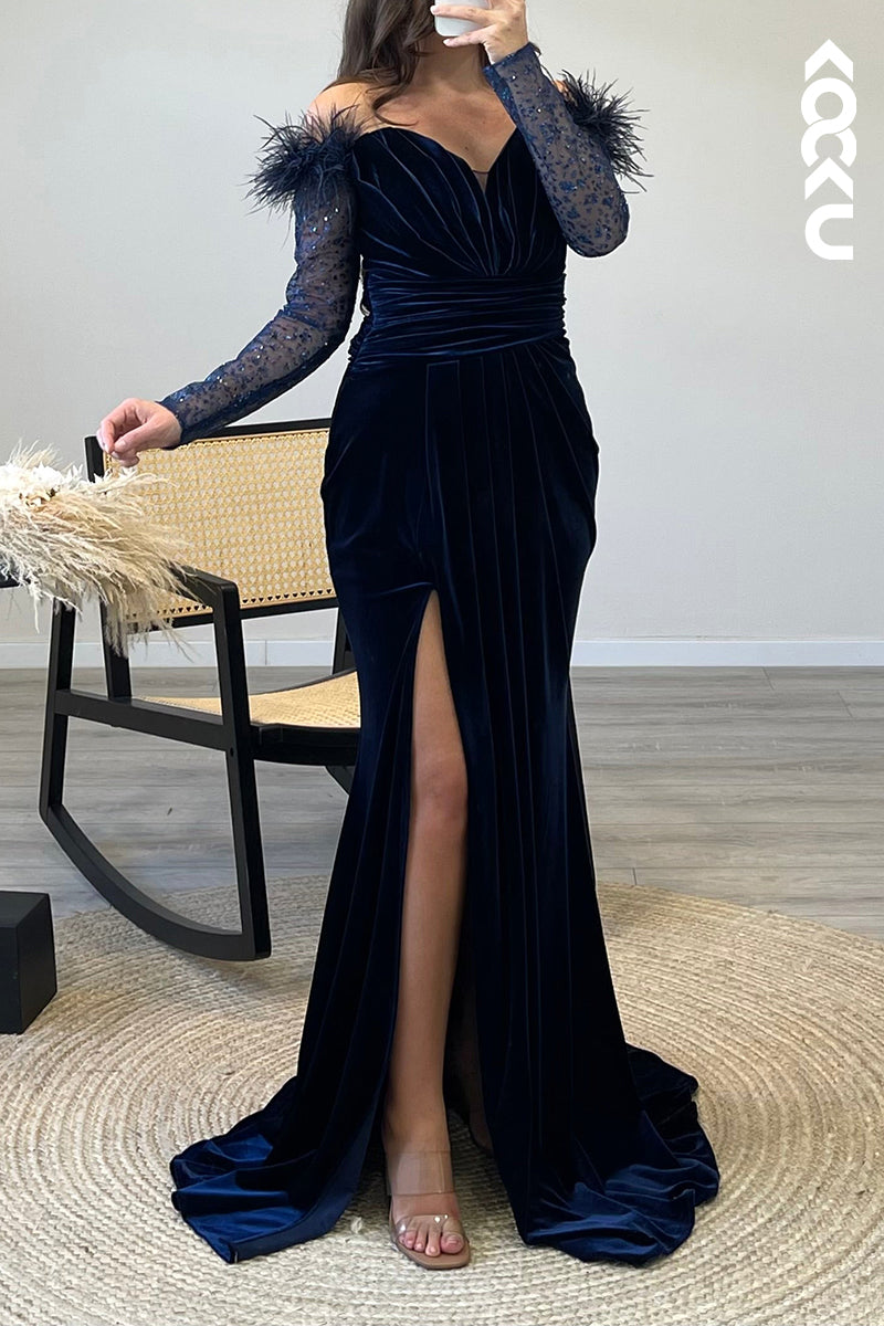 L1204 - Mermaid Off Shoulder Long Sleeves Feather Velvet Formal Dress for Wedding