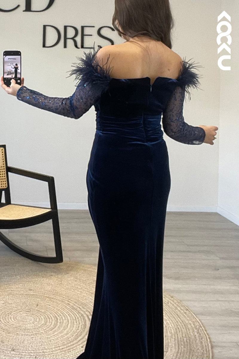 L1204 - Mermaid Off Shoulder Long Sleeves Feather Velvet Formal Dress for Wedding