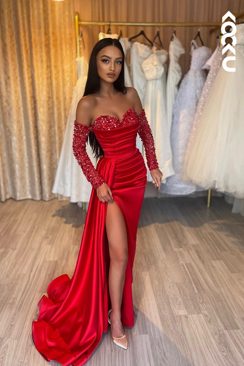 L1219 - Sheath/Column Sweetheart Satin Sequins Long Sleeves Prom Evening Formal Dress
