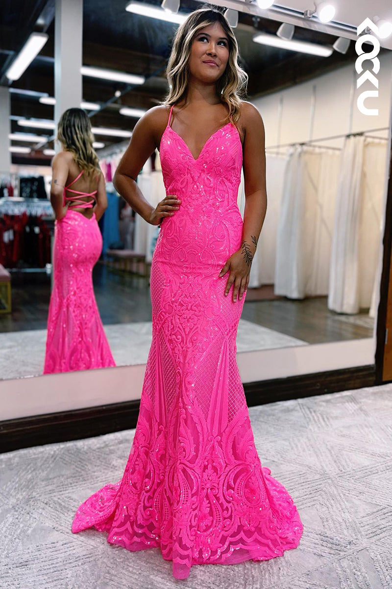 L1221 - Trumpet/Mermaid V-Neck Tulle Appliques Sleeveless Prom Evening Formal Dress