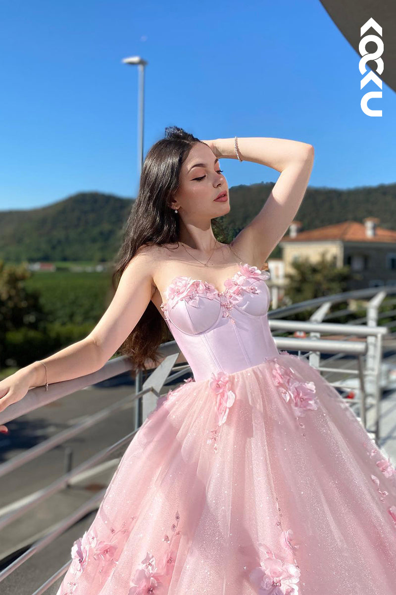 L1222 - A-Line Strapless Tulle Appliques Sleeveless Prom Evening Formal Dress