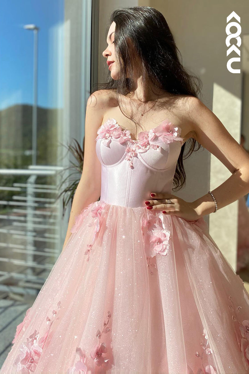 L1222 - A-Line Strapless Tulle Appliques Sleeveless Prom Evening Formal Dress