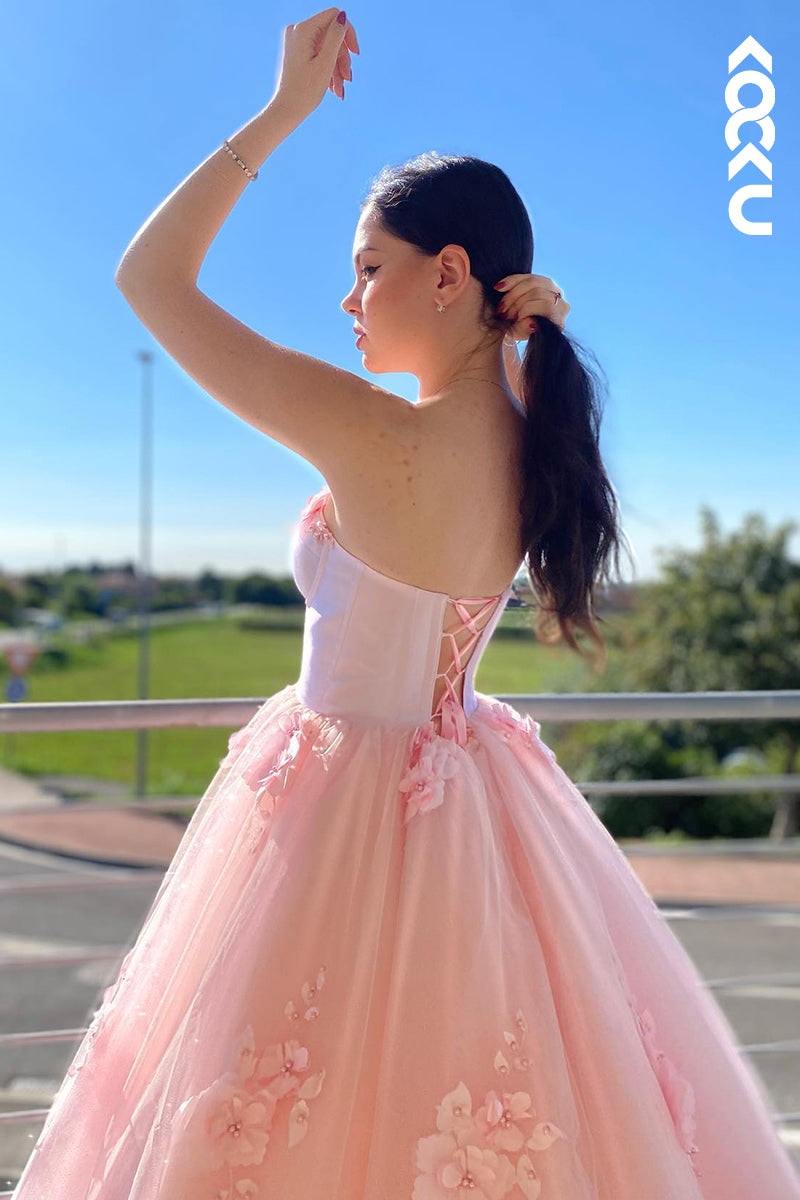 L1222 - A-Line Strapless Tulle Appliques Sleeveless Prom Evening Formal Dress