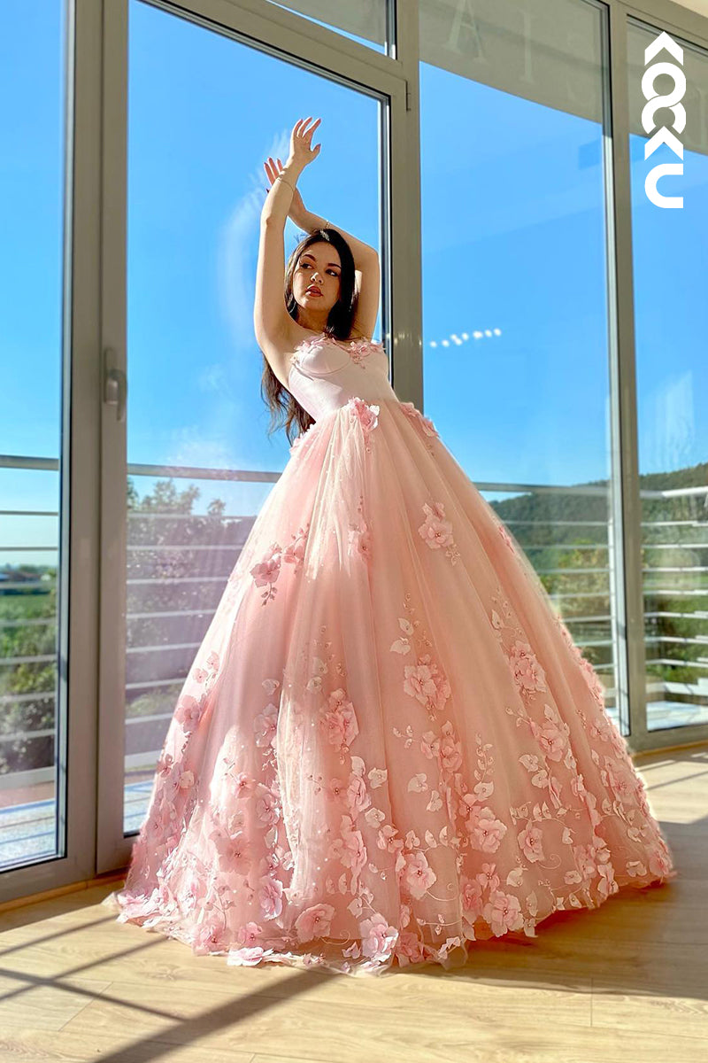 L1222 - A-Line Strapless Tulle Appliques Sleeveless Prom Evening Formal Dress