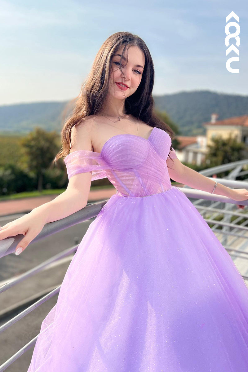 L1223 - A-Line Off-Shoulder Tulle Backless Sleeveless Prom Evening Formal Dress