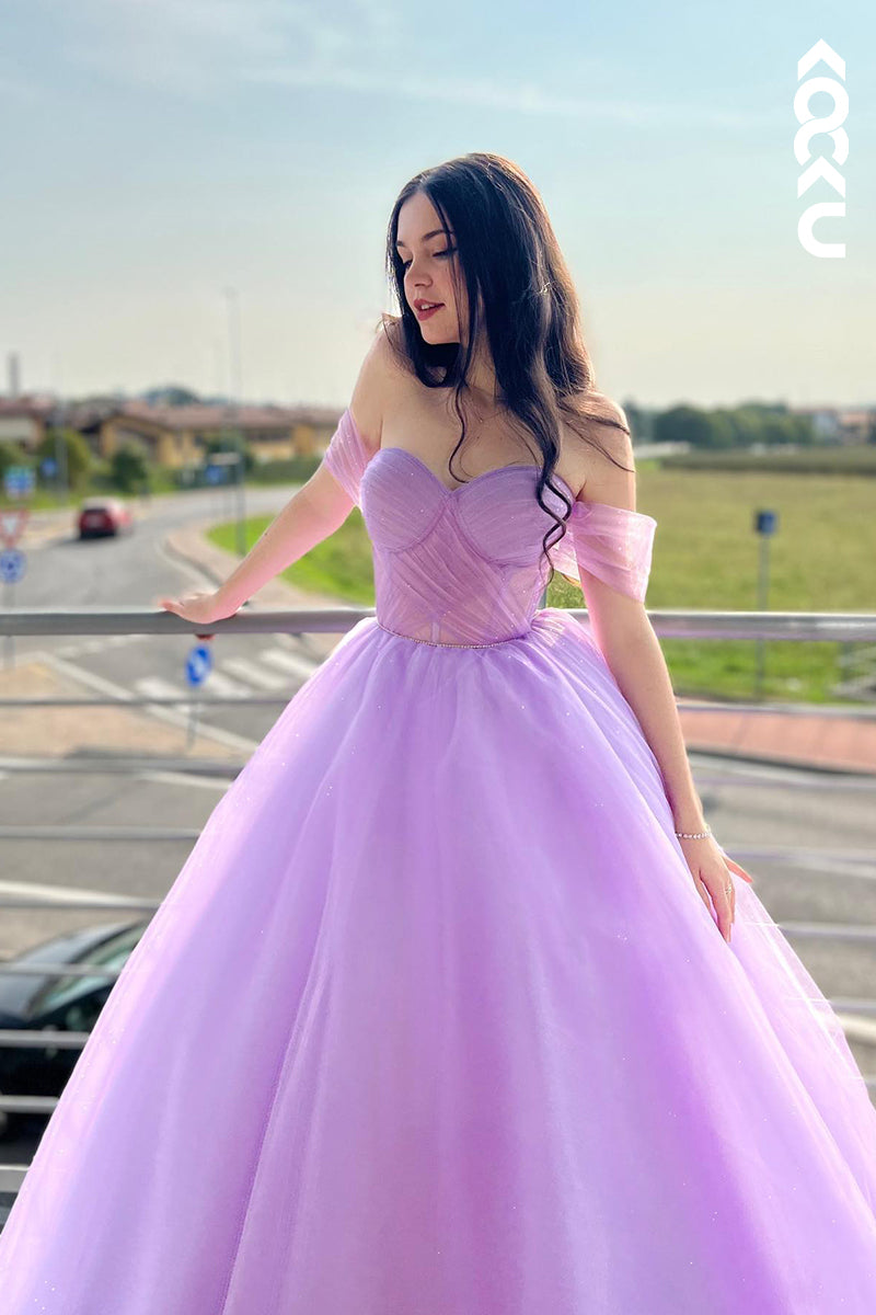 L1223 - A-Line Off-Shoulder Tulle Backless Sleeveless Prom Evening Formal Dress