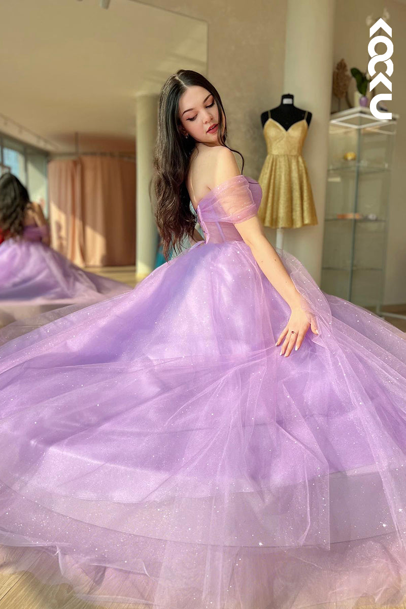 L1223 - A-Line Off-Shoulder Tulle Backless Sleeveless Prom Evening Formal Dress