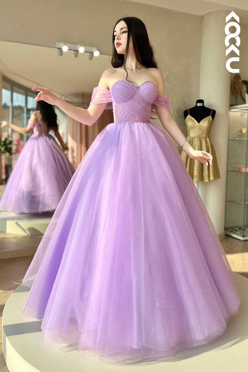 L1223 - A-Line Off-Shoulder Tulle Backless Sleeveless Prom Evening Formal Dress